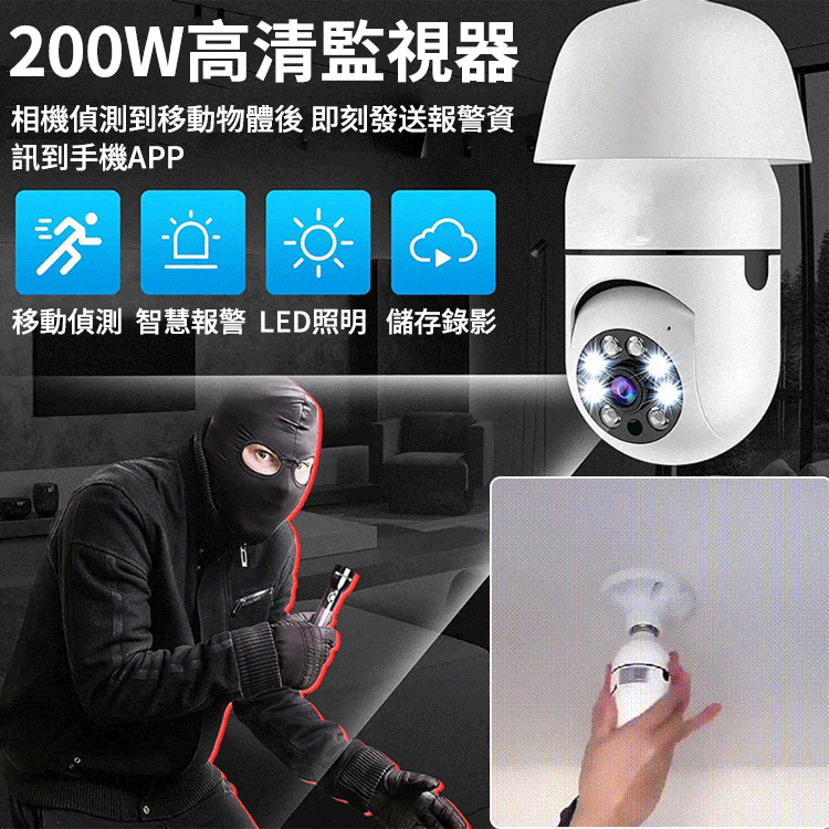 【能用十年】360度全彩夜視燈泡攝像頭，移動偵測，紅外夜視，10秒安裝 手機遠程，看家看店不用愁，雙向語音對講，日夜全彩監控，免佈線10秒安裝，出門在外放心安心